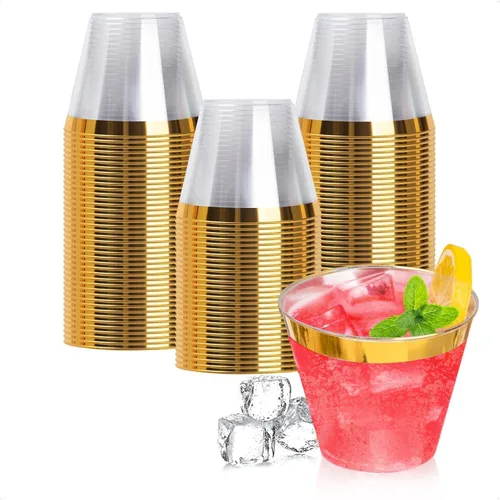 Goodluck 100 vasos de plástico dorados de 9 onzas para fiestas, vasos desechables con borde dorado, vasos de cóctel de plástico para bodas, Acción