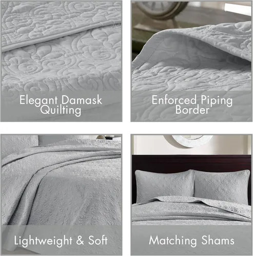 Miniatura 4 de Madison Park Quebec - Juego de ropa de cama tamaño King, color gris, damasco, colcha de 3 piezas, colcha acolchada de microfibra ultra suave