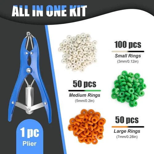 Miniatura 6 de Kit de Anillado para Cabras, Elastrador de Acero Inoxidable con 200 Piezas de Bandas de Goma de 3 Tamaños y Herramienta Expansora para el Manejo