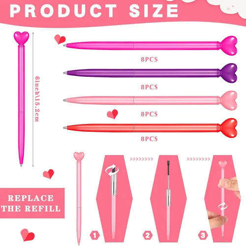 Miniatura 3 de Fuutreo 32 bolígrafos retráctiles con forma de corazón para el día de San Valentín, bolígrafo de metal con tinta negra, recuerdo de fiesta