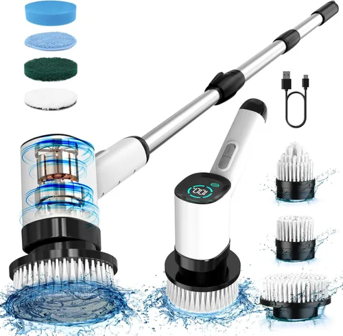 Limpiador eléctrico giratorio – Limpiador eléctrico para limpieza con 7 cabezales reemplazables – Limpiador de bañera impermeable de cuerpo completo