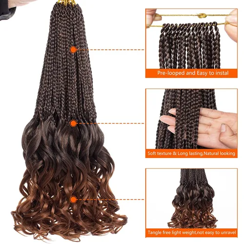 Miniatura 3 de ZRQ 8 paquetes de trenzas de ganchillo rizadas francesas de 14 pulgadas, trenzas de caja de diosa, cabello rizado francés degradado marrón degradado