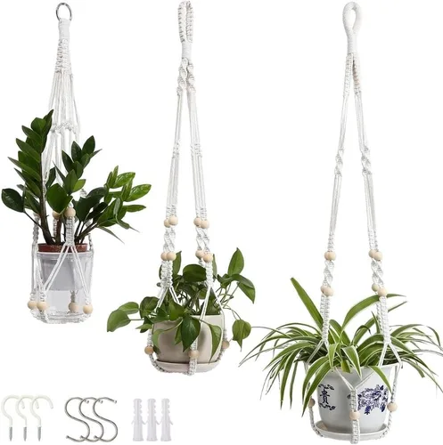 Miniatura 11 de Feedee Ganchos de macramé para plantas, paquete de 6, color negro, interior/exterior, algodón