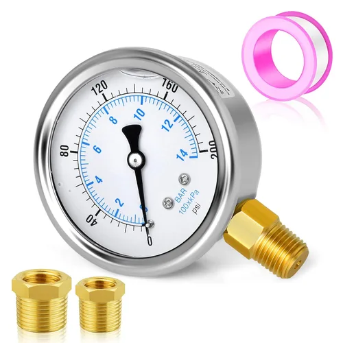 MEANLIN MEASURE - Manómetro de acero inoxidable, relleno de líquido, esfera con cara de 2.5 pulgadas, NPT de 1/4 de pulgada, agua, aceite y gas,