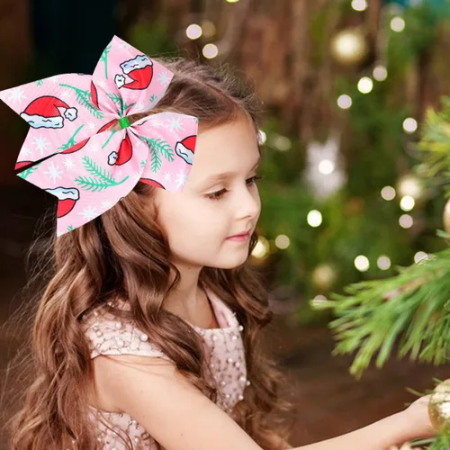 Miniatura 4 de Pajaritas de pelo de animación de Navidad con cinta elástica de grogrén impresa de Navidad de 7 pulgadas, soporte para cola de caballo de muñeco