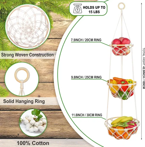 Miniatura 5 de Cesta de frutas colgante de macramé, soporte bohemio para verduras para almacenamiento de alimentos Kichen con gancho, organizador de productos
