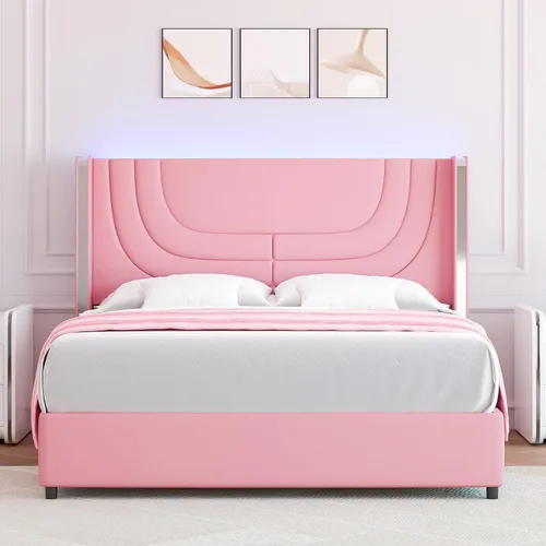 Miniatura 9 de REVOMINCA Base de cama individual con luces LED, plataforma tapizada de piel sintética con cabecera de ala plateada, estilo moderno, no necesita