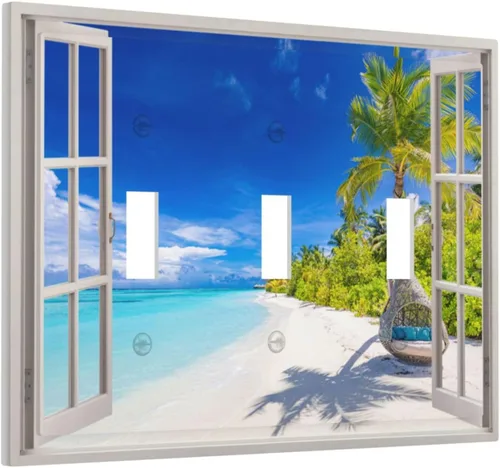 Miniatura 36 de Vista de ventana, isla tropical, playa, palmeras, cielo soleado, cubierta de interruptor de luz de palanca individual, placa decorativa de pared