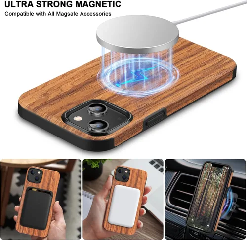 Miniatura 6 de TENDLIN Funda magnética para iPhone 13 Pro - Funda híbrida de TPU de cuero de grano de madera con compatibilidad MagSafe
