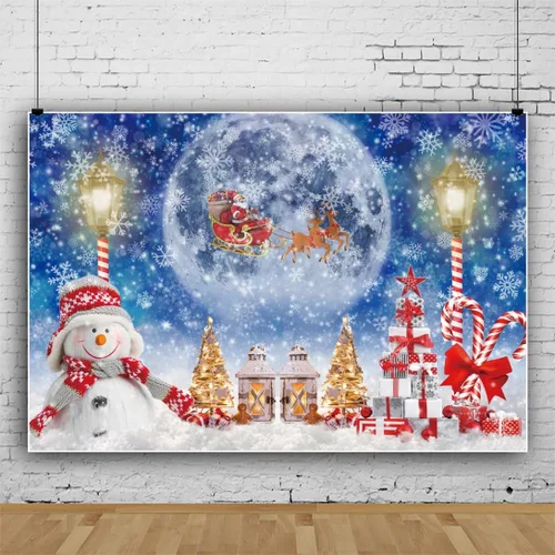 Miniatura 2 de Telón de fondo de Navidad de 10 x 8 pies para sesión de fotos, muñeco de nieve de invierno, luna llena, noche de Papá Noel, fondo de Papá Noel