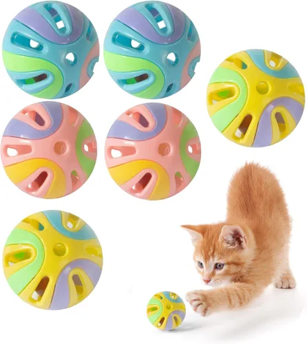 Miniatura 8 de Pelotas de juguete coloridas para gatos con campana, 6 unidades, diseño hueco interactivo, plástico, juguete de ejercicio de entrenamiento