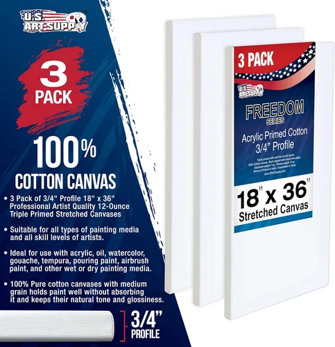 Miniatura 2 de U.S. Art Supply Lienzo Estirado de 18 x 36 Pulgadas Imprimado Triple de 12 Onzas, Paquete de 3 - Calidad de Artista Profesional Blanco en Blanco