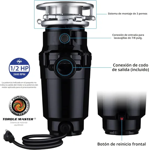 Miniatura 2 de Waste Maid 10-US-WM-058-3B - Sistema de molienda de residuos de alimentos de acero inoxidable antiatascos, 1/2 HP Economy, negro