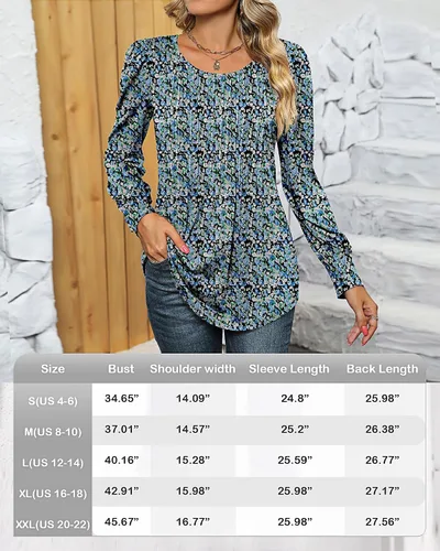 Miniatura 6 de Blusa plisada de manga larga abombada para mujer, cuello redondo, elegante, casual, holgada, para verano y otoño