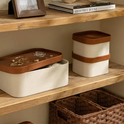 Miniatura 3 de Cajas de almacenamiento decorativas beige con tapas, cestas de almacenamiento con tapas similares al cuero, cajas de papel apilables resistentes
