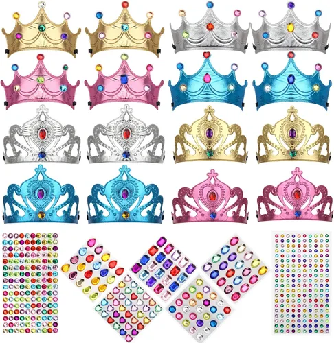 Paquetes de 23/24 Coronas y Tiaras de Princesa de Espuma, Kit de Manualidades para Sombreros de Fiesta de Cumpleaños con Adhesivo de Diamante de