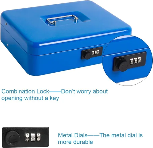 Miniatura 7 de Caja de efectivo grande con bandeja de dinero y cerradura, caja de dinero de metal para efectivo, caja de seguridad de 11.8 x 9.5 x 3.54 pulgadas