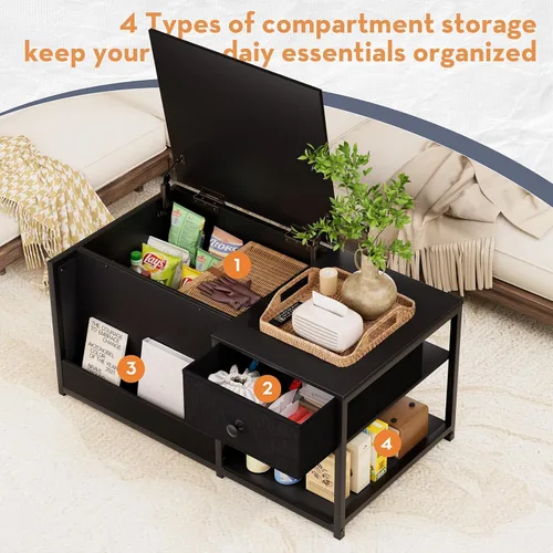 Miniatura 4 de SINPAID Mesa de centro con almacenamiento, mesas de centro rectangulares para sala de estar, mesa de centro moderna con compartimento de Negro