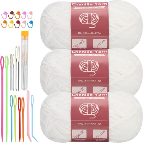 Miniatura 38 de LUNARM Hilado de chenilla para tejer y hacer ganchillo, 3 madejas de 240 metros de hilo grueso, suave y voluminoso, para tejer mantas, ropa y Beige