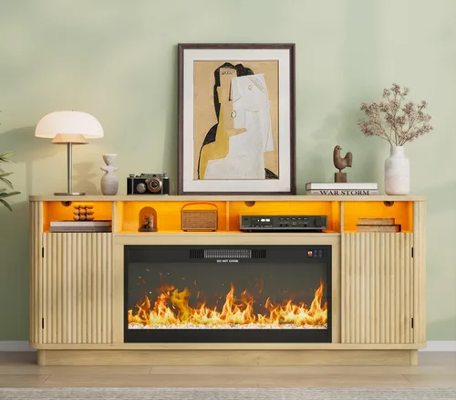 Miniatura 3 de Soporte de TV con chimenea acanalada de 70 pulgadas, centro de entretenimiento moderno con chimenea eléctrica de 36 pulgadas, consola multimedia