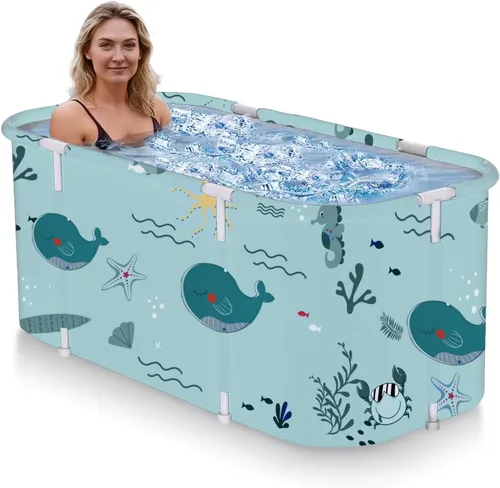 Miniatura 11 de Bañera plegable portátil para adultos, bañera de viaje plegable para campamento, hogar y spa, ahorro de espacio, PVC duradero (gradiente verde)