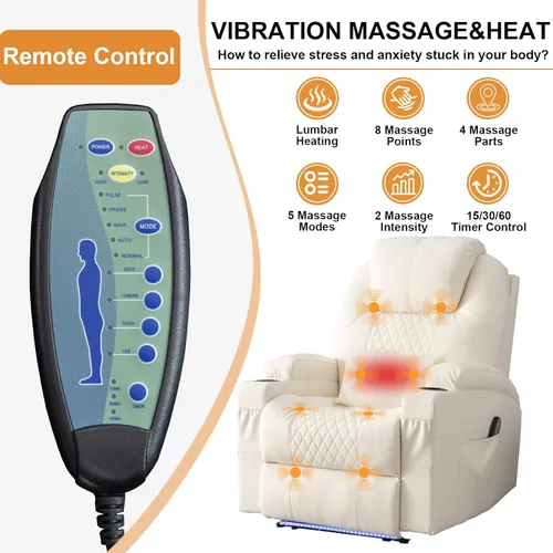 Miniatura 5 de AHMED Silla reclinable eléctrica con masaje por vibración y calor para adultos, asiento de cine en casa de piel sintética con portavasos, luces LED