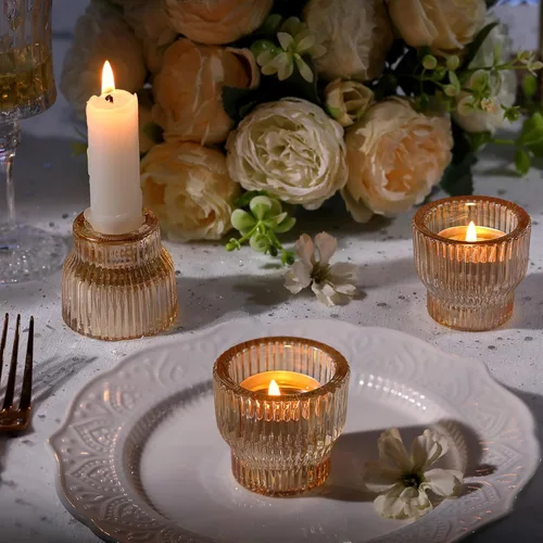 Miniatura 7 de HAVITI Paquete de 12 portavelas cónicos dorados, portavelas de cristal, candelabros de té para centros de mesa de boda de otoño, decoración de mesa