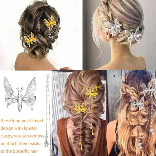 Miniatura 4 de Pinzas para el cabello de mariposa con borla móvil, elegantes accesorios antiguos para el cabello con horquillas móviles para mujeres y niñas