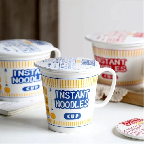 Miniatura 5 de Cuenco de fideos instantáneos de cerámica con tapa, taza creativa para sopa de ramen, cuenco para almuerzo para estudiantes (color azul, tamaño: S)