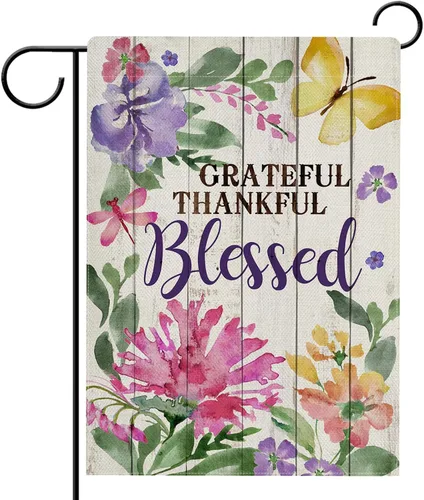 Miniatura 8 de Hzppyz Grateful Thankful Blessed - Bandera de jardín de Acción de Gracias, pequeña bandera decorativa para exteriores, arpillera rústica, bandera