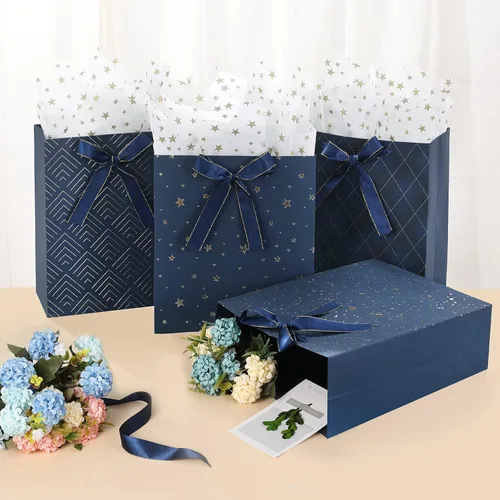 Miniatura 2 de KomoLeay Paquete de 4 bolsas de regalo de tamaño mediano de 9 pulgadas, bolsas de regalo azules de alta calidad con papel de seda para cumpleaños