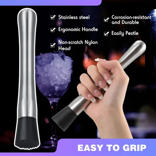 Miniatura 3 de Zonon Muddler para cócteles de acero inoxidable para muddler de bebidas de 8 pulgadas de largo, herramienta de mojito para bebidas, trituradora