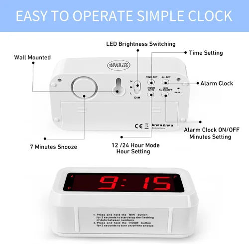 Miniatura 6 de Reloj despertador, reloj digital, modo nocturno automático, brillo LED de 3 niveles, funciona con pilas, 12/24 horas, pantalla de dígitos rojos
