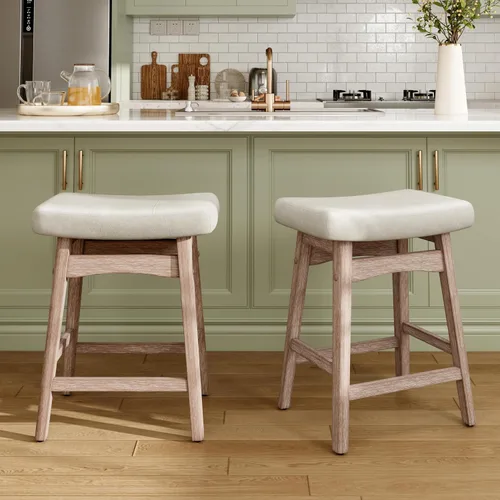 Miniatura 10 de MAISON ARTS Juego de 4 taburetes de bar grises para encimera de cocina, patas de madera maciza con asiento de silla de montar de piel sintética