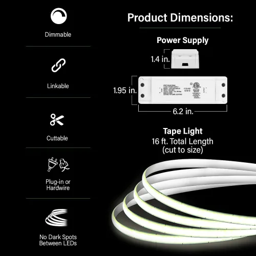 Miniatura 2 de Feit Electric Cinta de Luz LED de 16 pies, Regulable, Enchufable/Cableado Directo, Tiras de Luz LED Ultradelgadas para el Hogar, 2950 Lúmenes, 3000K