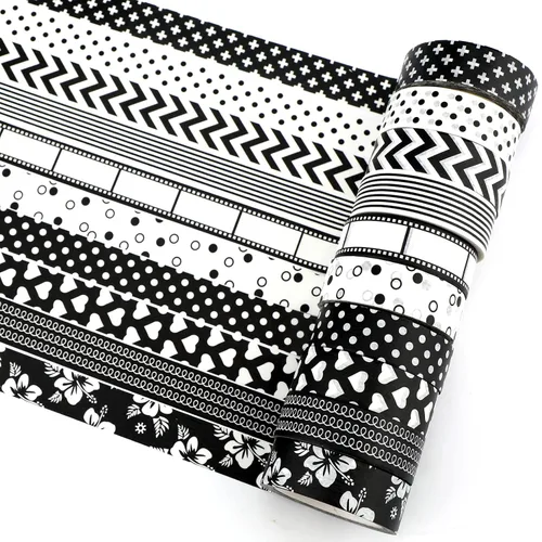 Savita Juego de 10 rollos de cinta washi de 0.59 pulgadas, cinta washi en blanco y negro, cinta adhesiva decorativa para niños, manualidades,