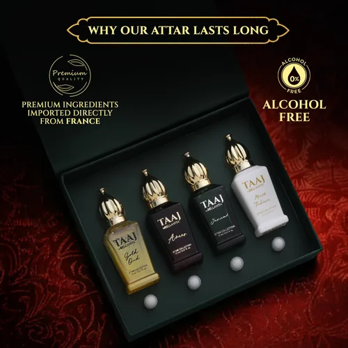 Miniatura 4 de BELLAVITA Taaj Attar de lujo Set de regalo unisex de larga duración para hombre y mujer, 4 x 0.4 fl oz, caramelo, limón, canela y almizcle