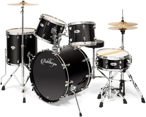 Ashthorpe Juego de batería para adultos de tamaño completo de 5 piezas con cabezales Remo y platillos de latón de alta calidad, kit completo de Negro