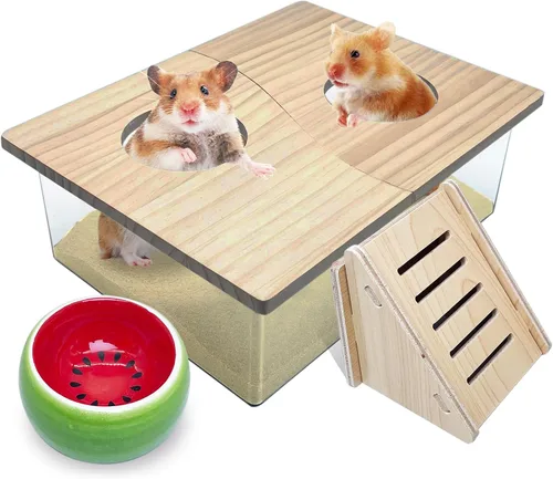 Miniatura 10 de PINVNBY Caja de baño de arena para hámster de madera con escalera de escalada, habitación de ducha, arena para excavar, contenedor de bañera