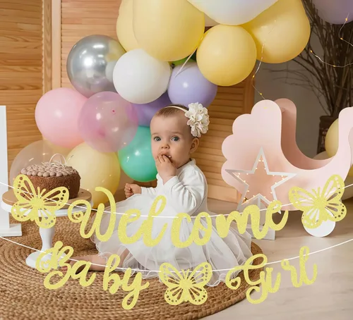 Miniatura 4 de Cartel de bienvenida preencordado para bebé niña, decoración de fiesta de bienvenida con purpurina dorada, perfecta para fiesta de revelación