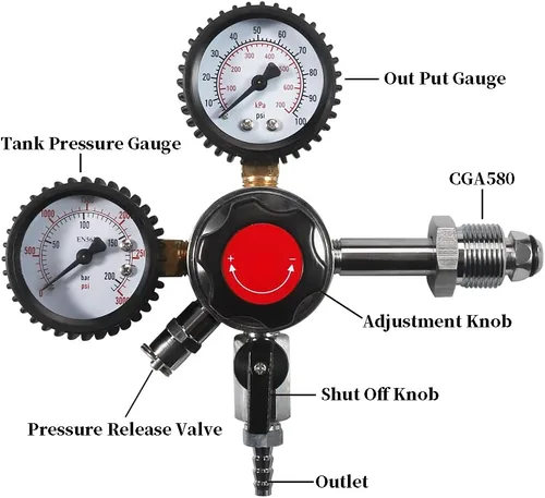 Miniatura 2 de LUCKEG Regulador de cerveza de nitrógeno CGA580, regulador de presión de aire de gas de doble calibre con presión de suministro de 0-100 PSI