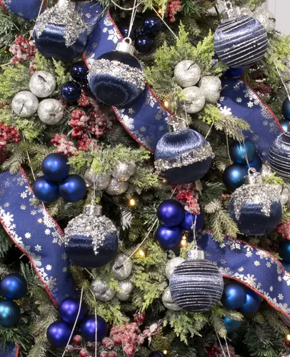Miniatura 6 de 12 piezas de adornos de bola de Navidad de satén, lujosas decoraciones colgantes de árbol de seda para corona de Navidad, boda, fiesta (azul)
