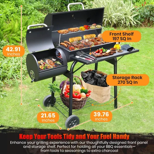 Miniatura 5 de Parrilla de carbón con ahumador offset: parrillas de carbón con área de cocina espaciosa Combo de parrilla de barril y ahumadores para patio