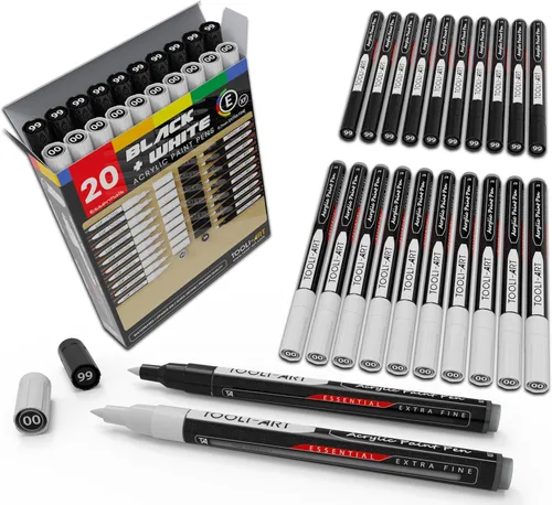 TOOLI-ART Juego de marcadores de pintura acrílica en blanco y negro para pintura de roca, lienzo, tazas, metal, pintura de vidrio, tela, madera,