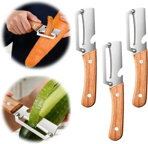 Miniatura 10 de Nuevo pelador de verduras multifuncional para cocina, con mango de madera y abridor de botellas, hoja de acero inoxidable ultra afilada para frutas