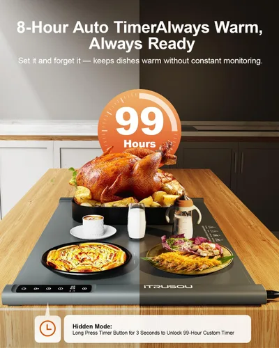 Miniatura 3 de iTRUSOU Estera de Calentamiento de Alimentos 25.2x16 – Bandeja Eléctrica Enrollable Extensible con 7 Ajustes de Temperatura, Temporizador de 99H,℃/℉