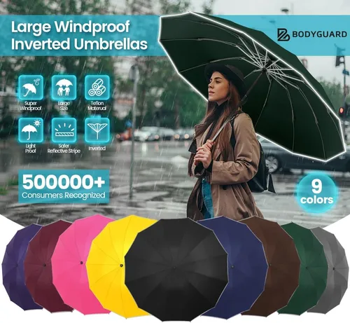 Miniatura 6 de Bodyguard Inverted Umbrella, Large Windproof Umbrellas for Rain & Sun, Compact Umbrella Reverse Umbrella with Reflective Stripe, Teflon Umbrella for