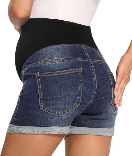 Miniatura 3 de Foucome Pantalones cortos de mezclilla de maternidad sobre el bulto rasgados desgastados dobladillo doblado azul pantalones cortos cómodos de verano