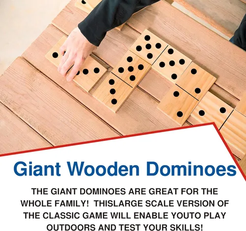 Miniatura 5 de GOTHINK Juego de dominó de madera gigante para adultos y niños, 28 piezas de azulejos de dominó de madera natural jumbo con puntos negros