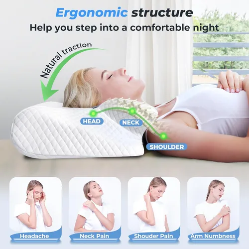 Miniatura 3 de SAHEYER Almohada cervical para el cuello, almohada ergonómica de espuma viscoelástica para aliviar el dolor de cuello y ronquidos, almohada